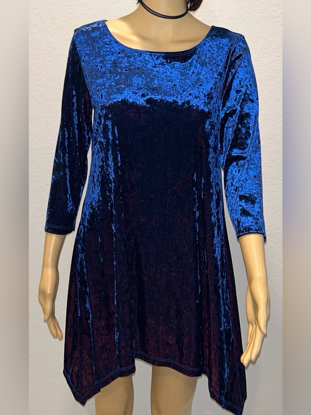 Blue Crushed Velvet Long Sleeve Swing Top